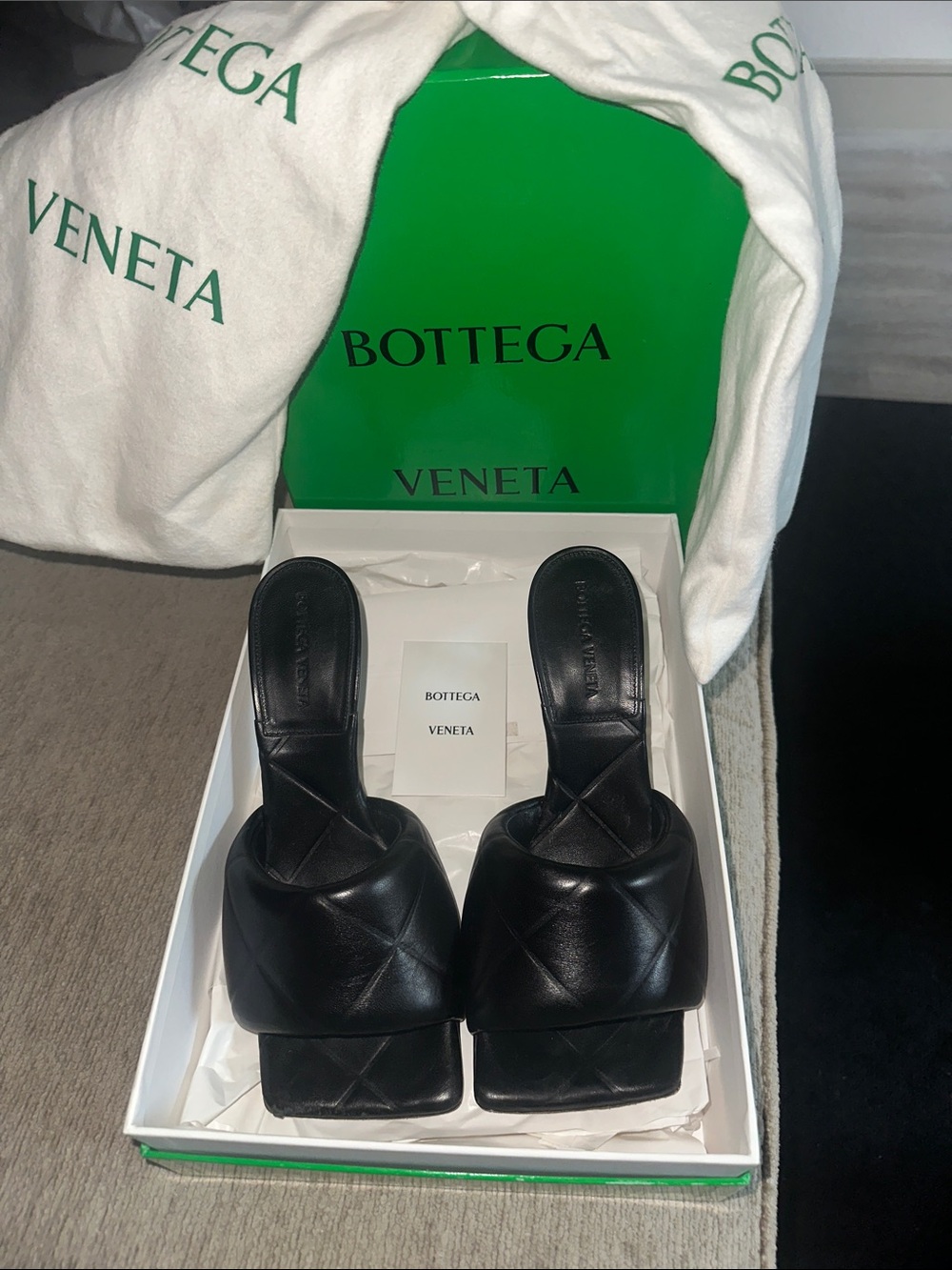 Bottega Veneta Black Padded Quilted Leather Slide Mules